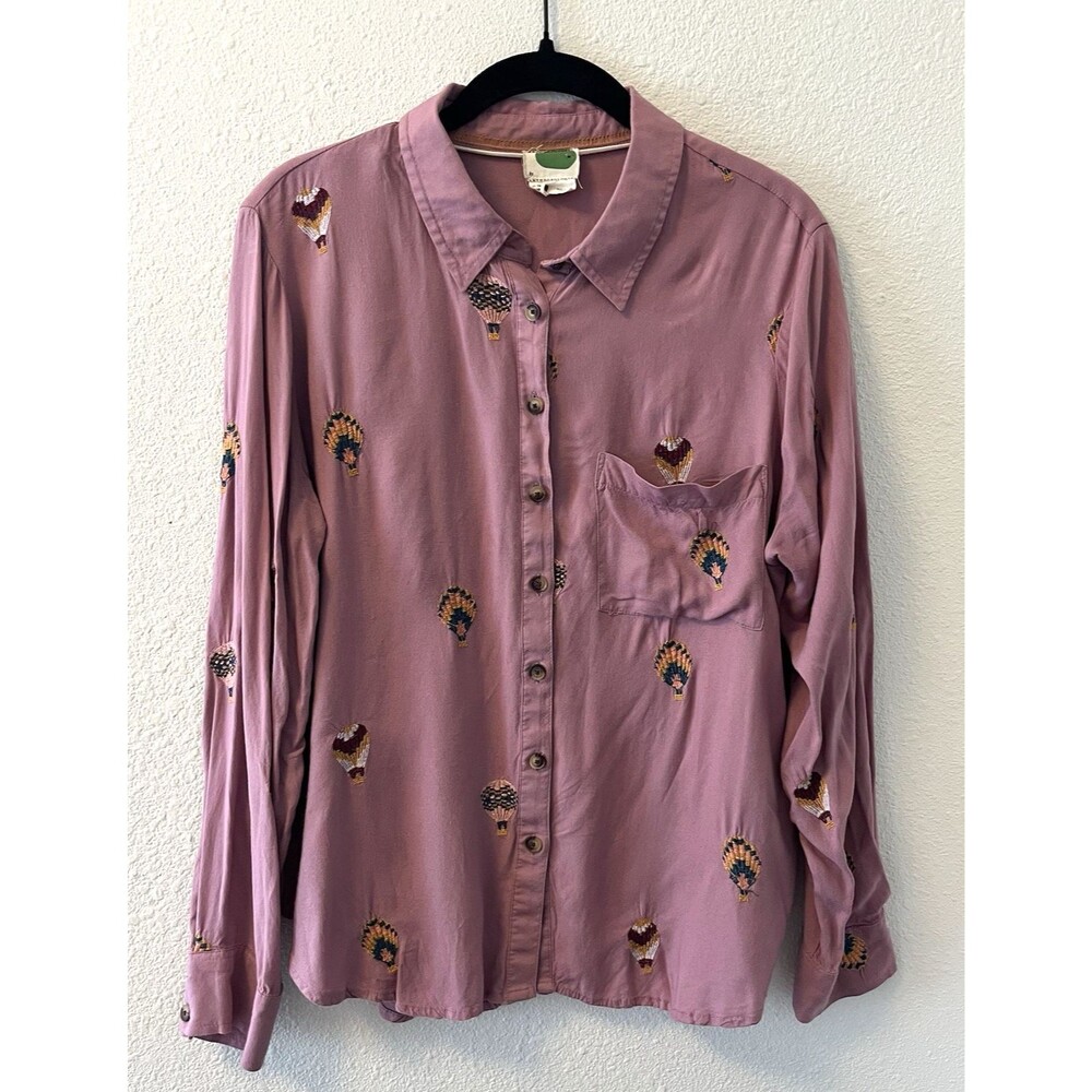 By Anthropologie Womens Top Size 10 County Fair Embroidered Hot Air Balloons